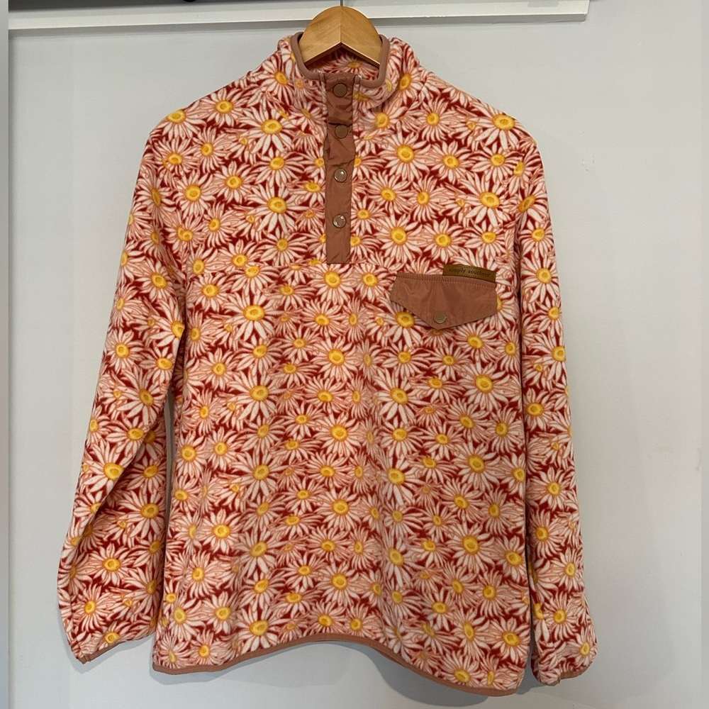 Simply Southern Peach Pink Daisy Floral Fleece Quarter Snap Pullover‎ Size large